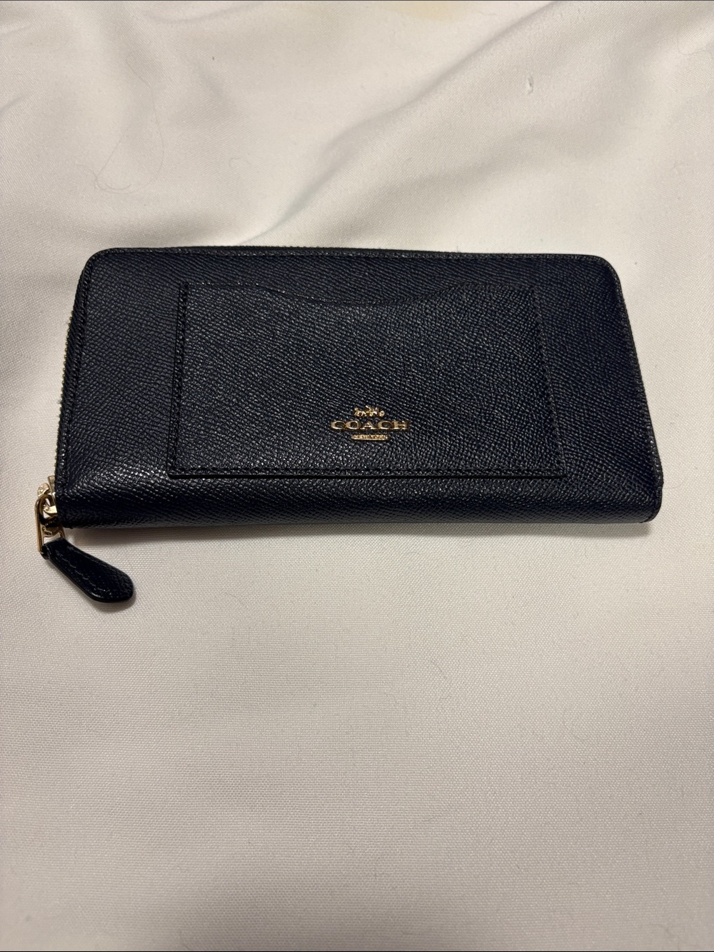 Coach Navy Leather Zip Wallet with Card Pocket and Gold Logo